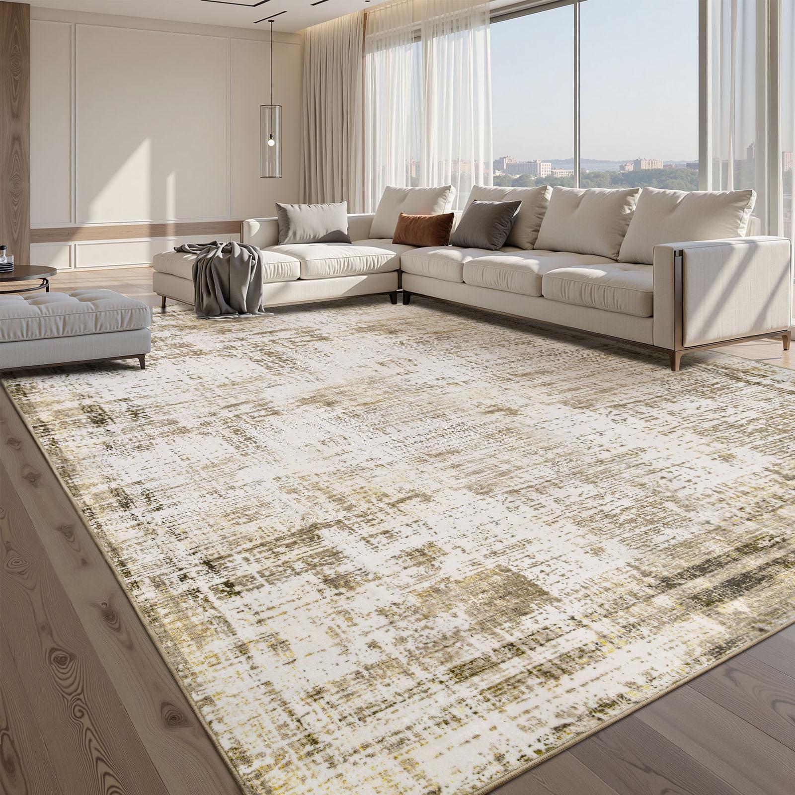 OHS Essential neutral abstract rug styled in a bright living room