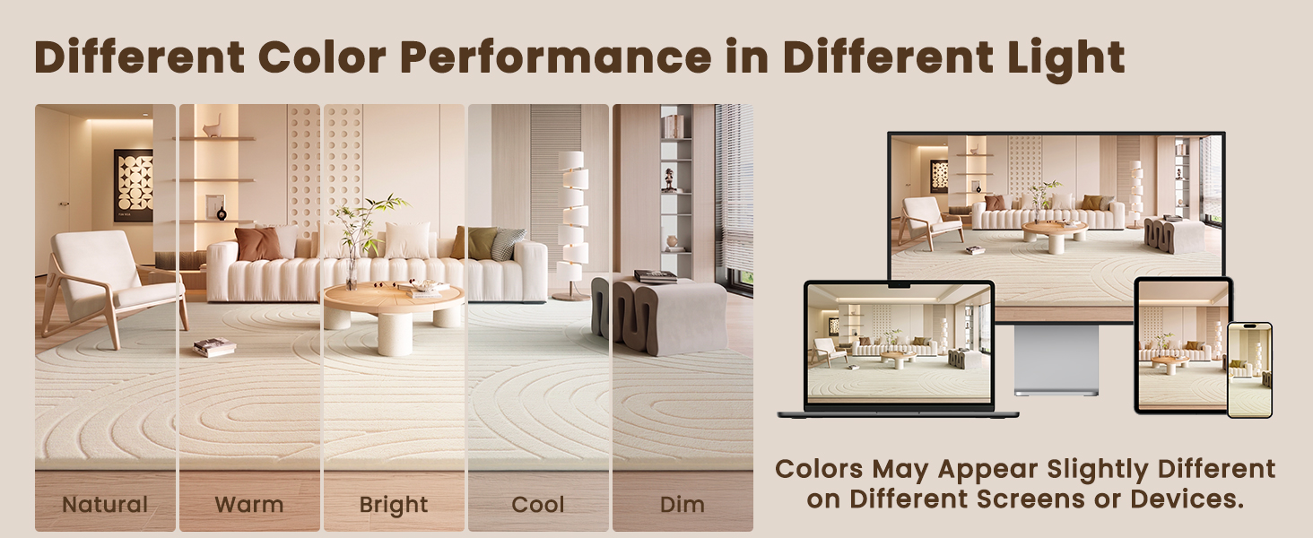 Rug shown in natural, warm, bright, cool and dim light