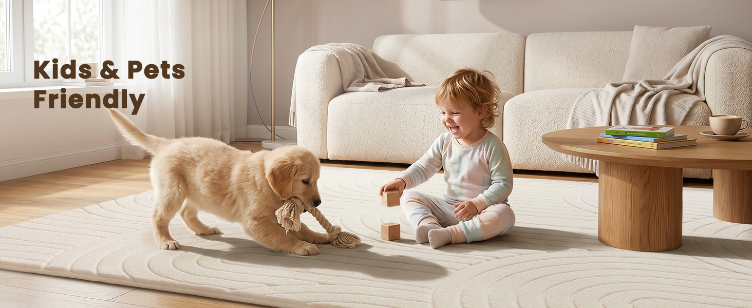 Child and dog playing on an OHS Essential rug